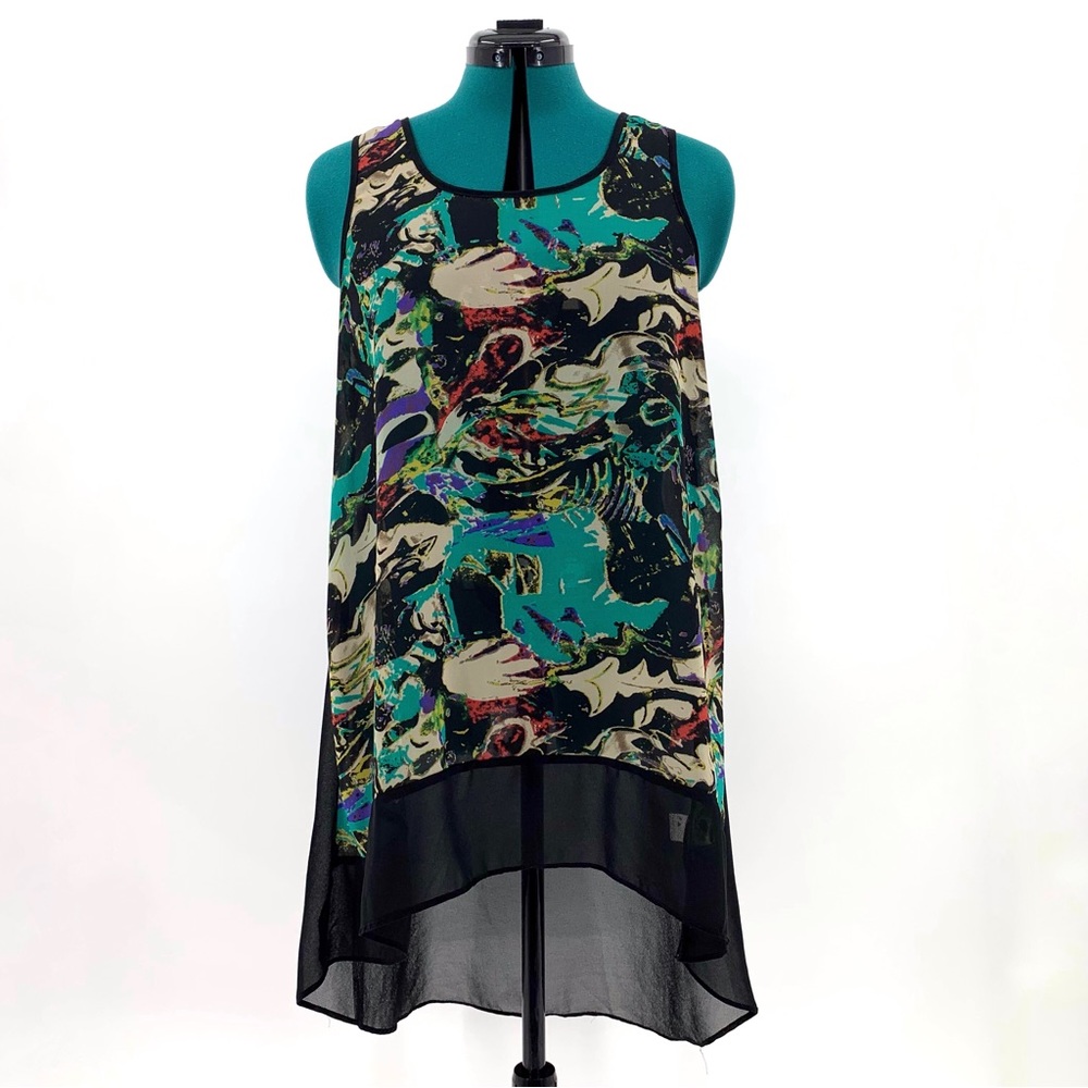 Red Coral Sheer Sleeveless High Low A-Line Tunic Length Top, Medium